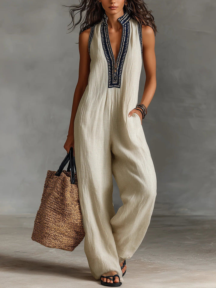Philomena - Beige Sleeveless High-Neck Jumpsuit