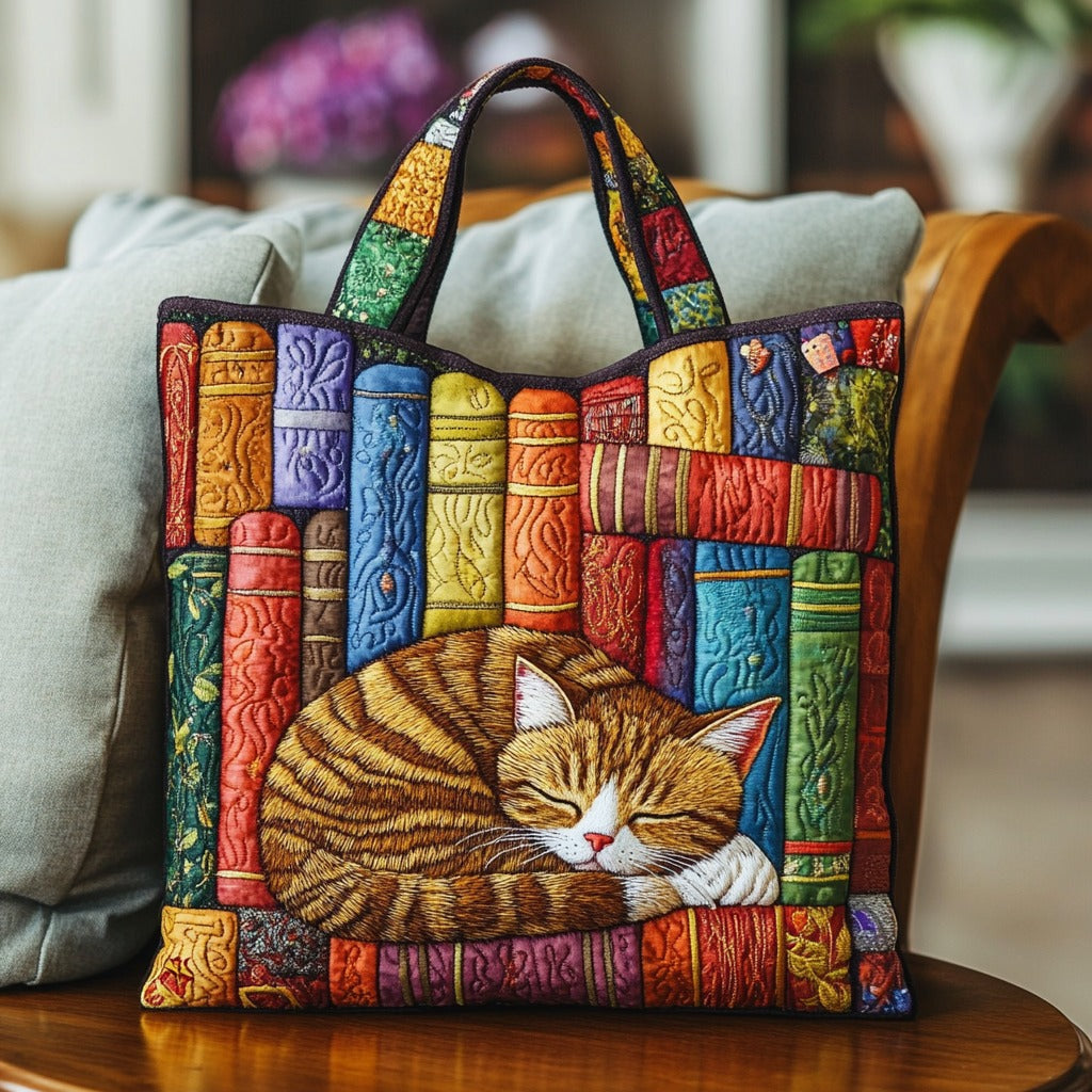 Bolsa Tote Acolchada de Gato de Biblioteca Vintage