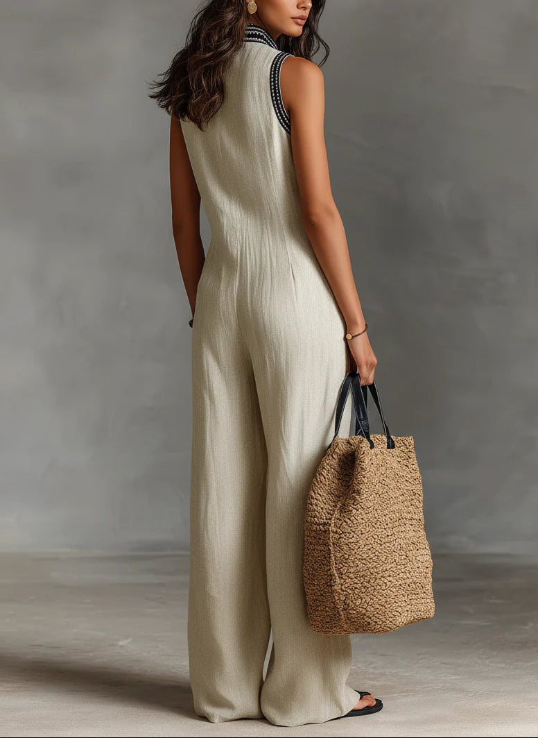 Philomena - Beige Sleeveless High-Neck Jumpsuit