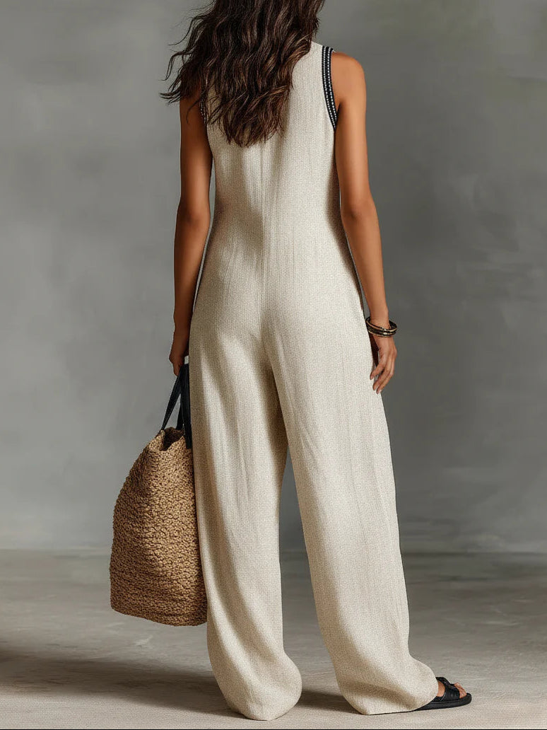 Philomena - Beige Sleeveless High-Neck Jumpsuit