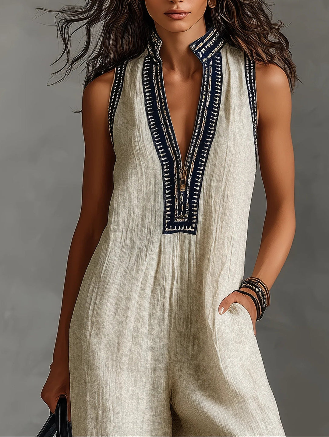 Philomena - Beige Sleeveless High-Neck Jumpsuit