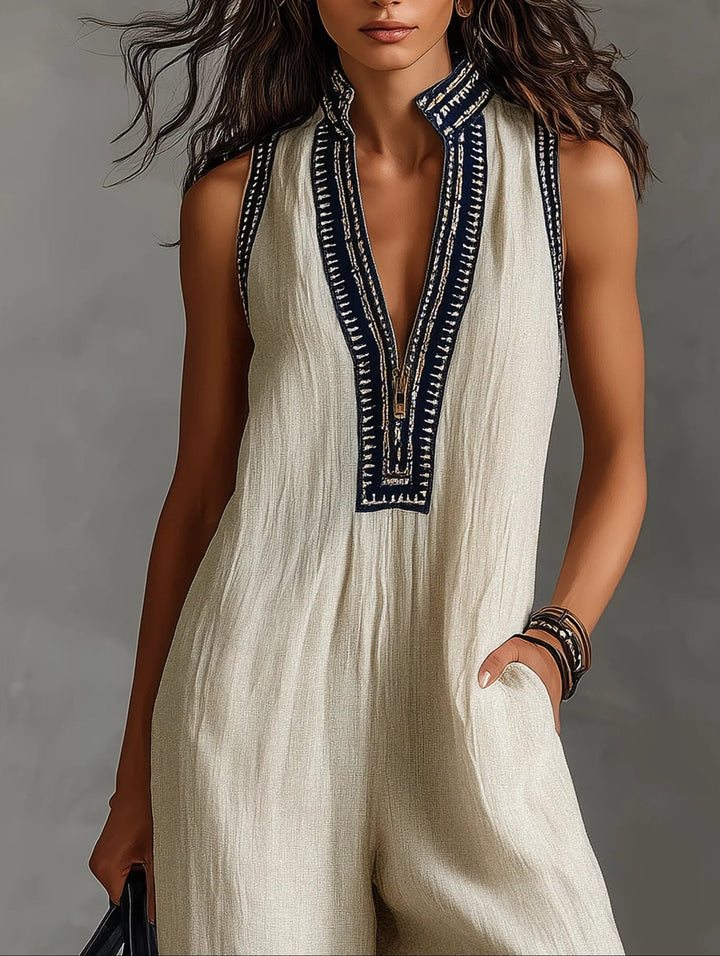 Philomena - Beige Sleeveless High-Neck Jumpsuit