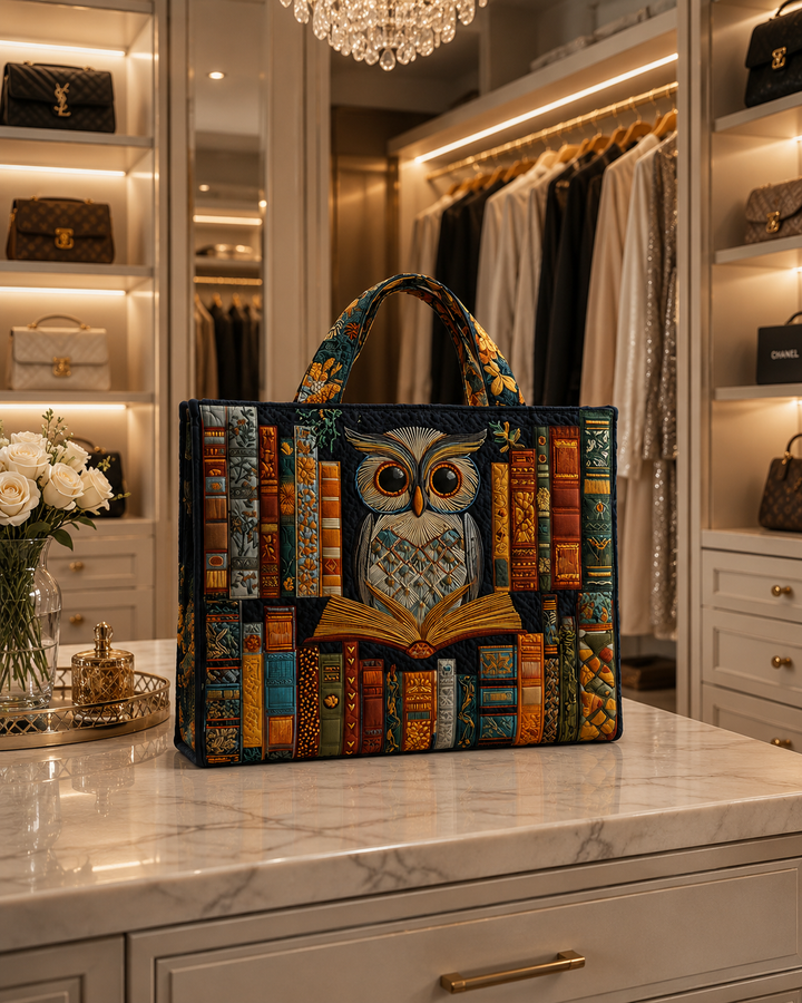 Bolsa Tote Acolchada - Búho y Libros Antiguos