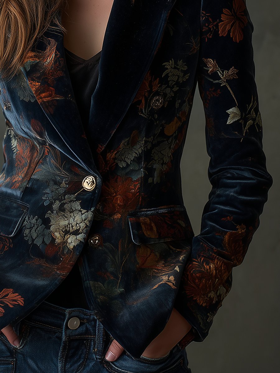 Faye - Retro Floral Velvet Blazer with Metallic Buttons