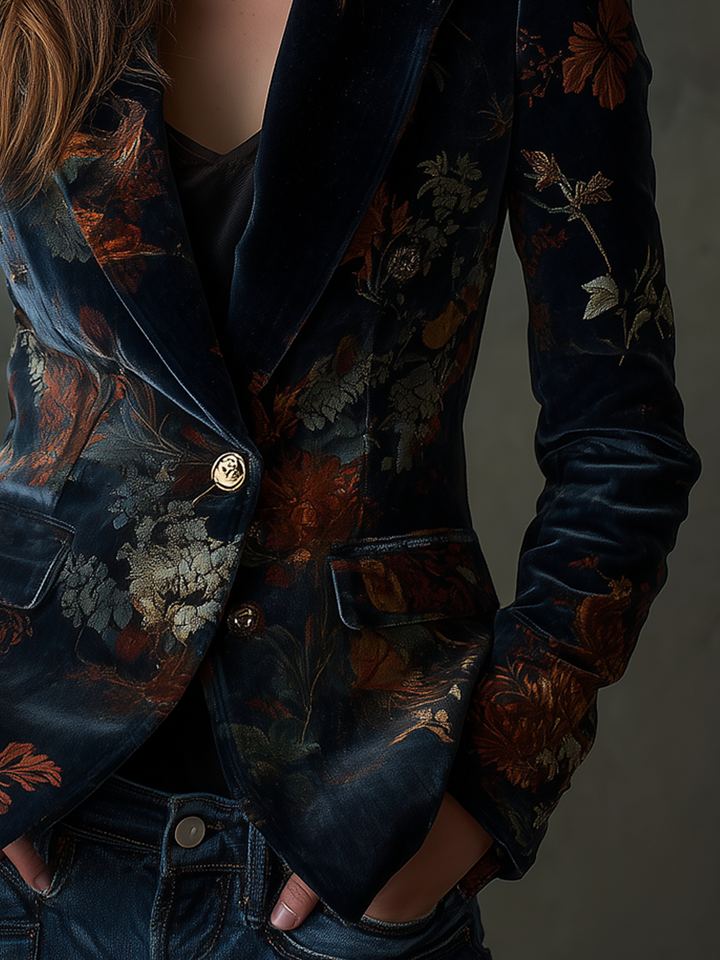 Faye - Retro Floral Velvet Blazer with Metallic Buttons