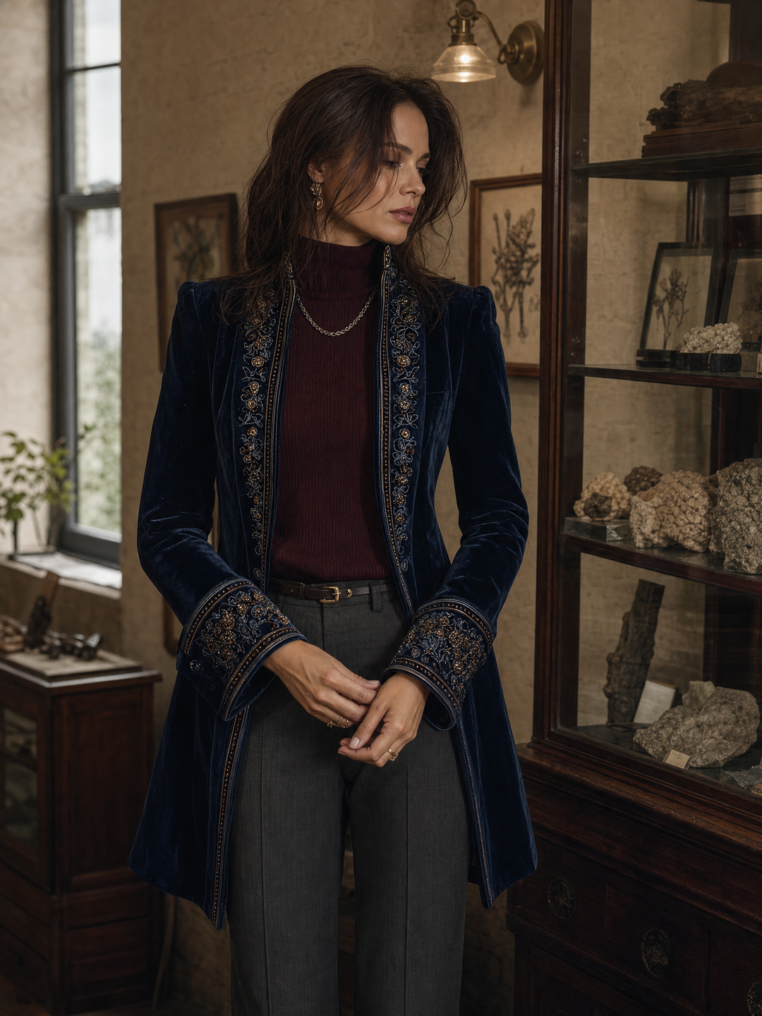 Paloma - Vintage Velvet Longline Jacket with Floral Embroidery
