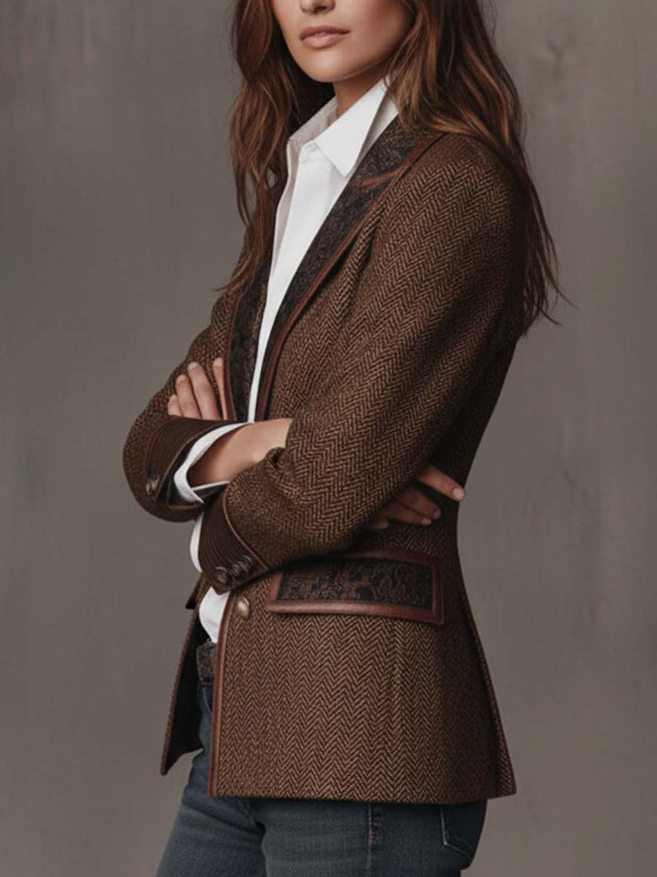 Penny - Brown Chevron Blazer with Printed Lapel and Contrast Trim