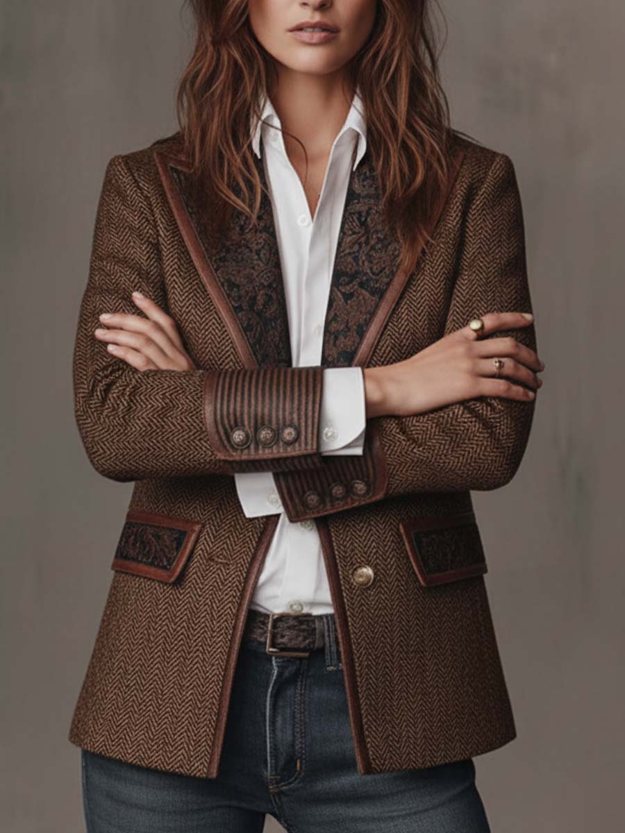 Penny - Brown Chevron Blazer with Printed Lapel and Contrast Trim
