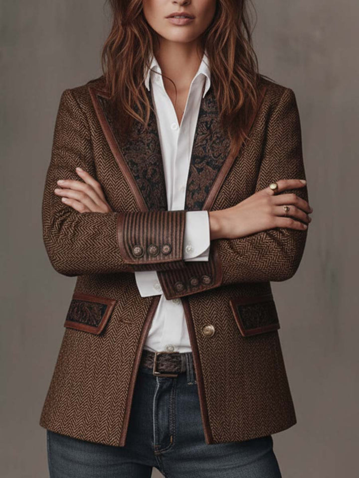 Penny - Brown Chevron Blazer with Printed Lapel and Contrast Trim
