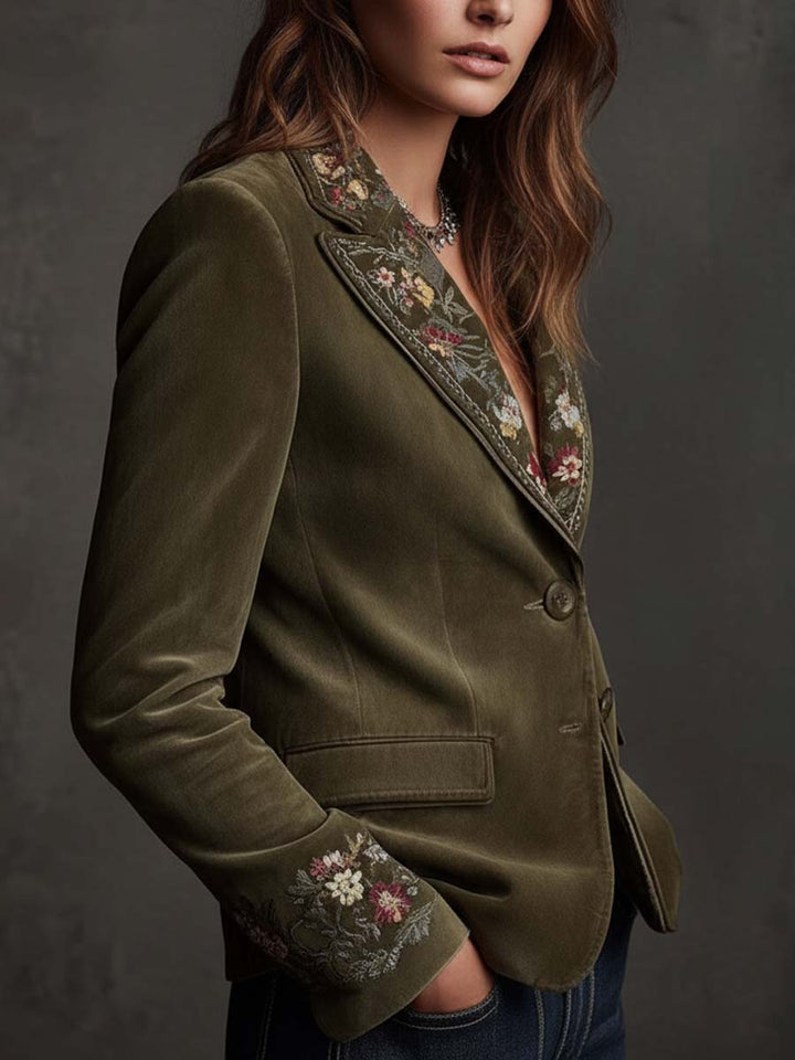 Iris - Olive Velvet Blazer with Floral Embroidery