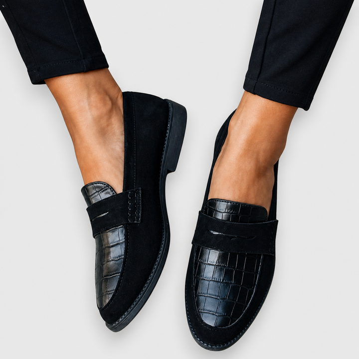 Brighid - Black Textured Pom-Pom Loafers