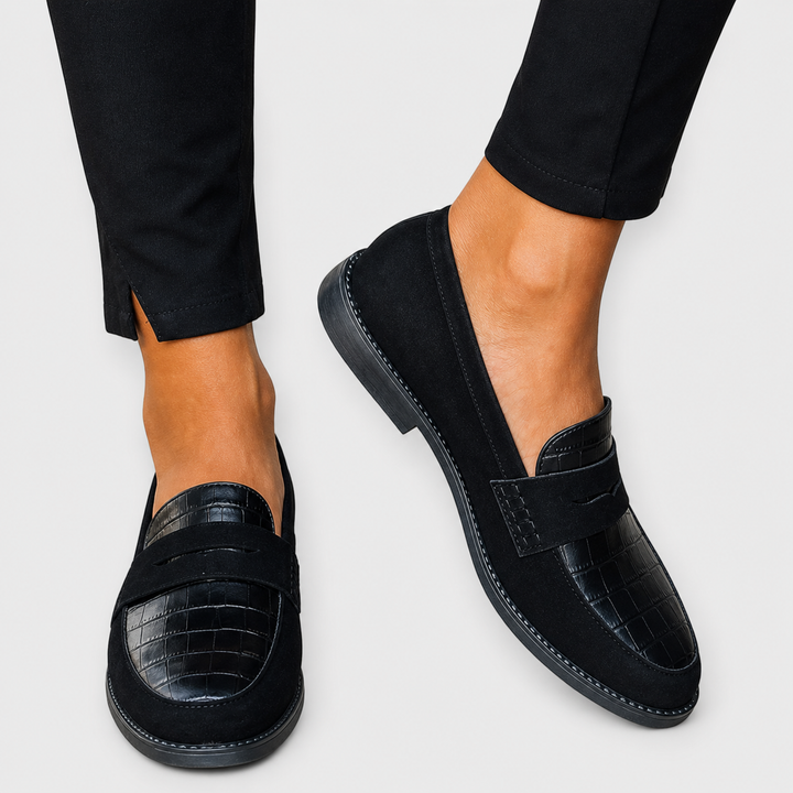 Brighid - Black Textured Pom-Pom Loafers