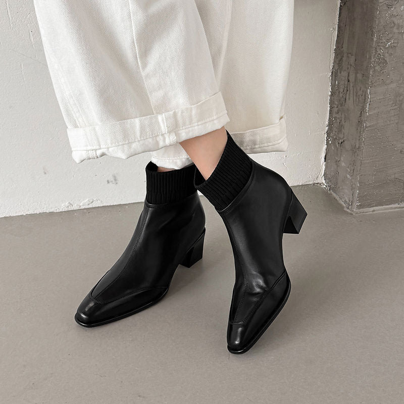Cosima - Genuine Leather Square Toe Ankle Boots