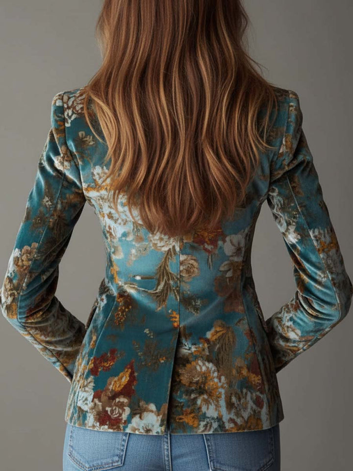 Lena - Fitted Vintage Teal Velvet Blazer with Floral Print