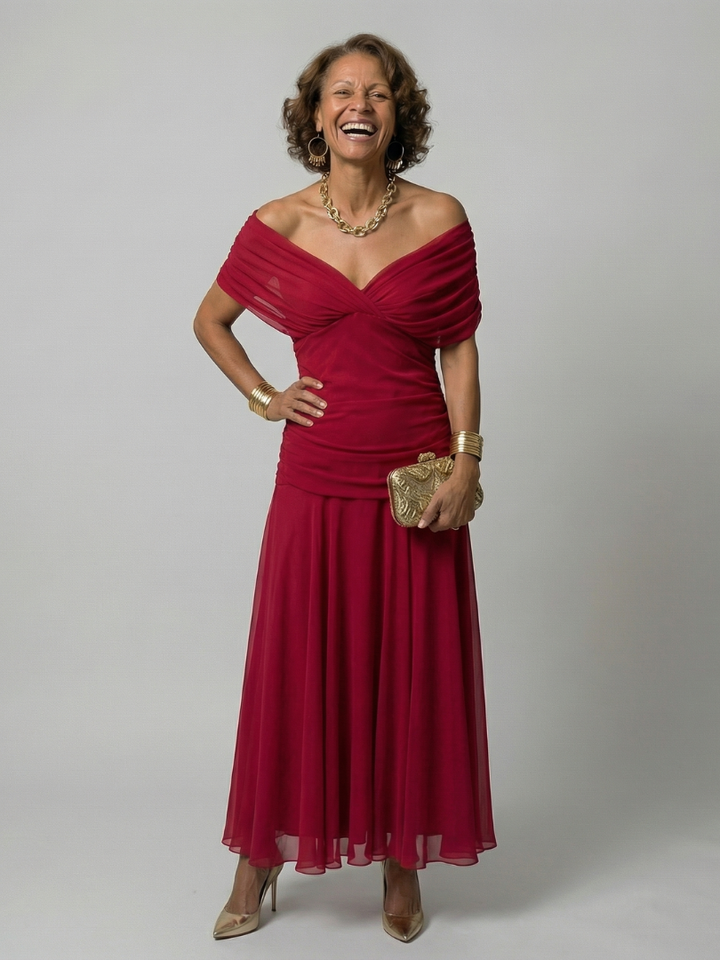 Cheryl - Off-Shoulder Ruched Midi Dress