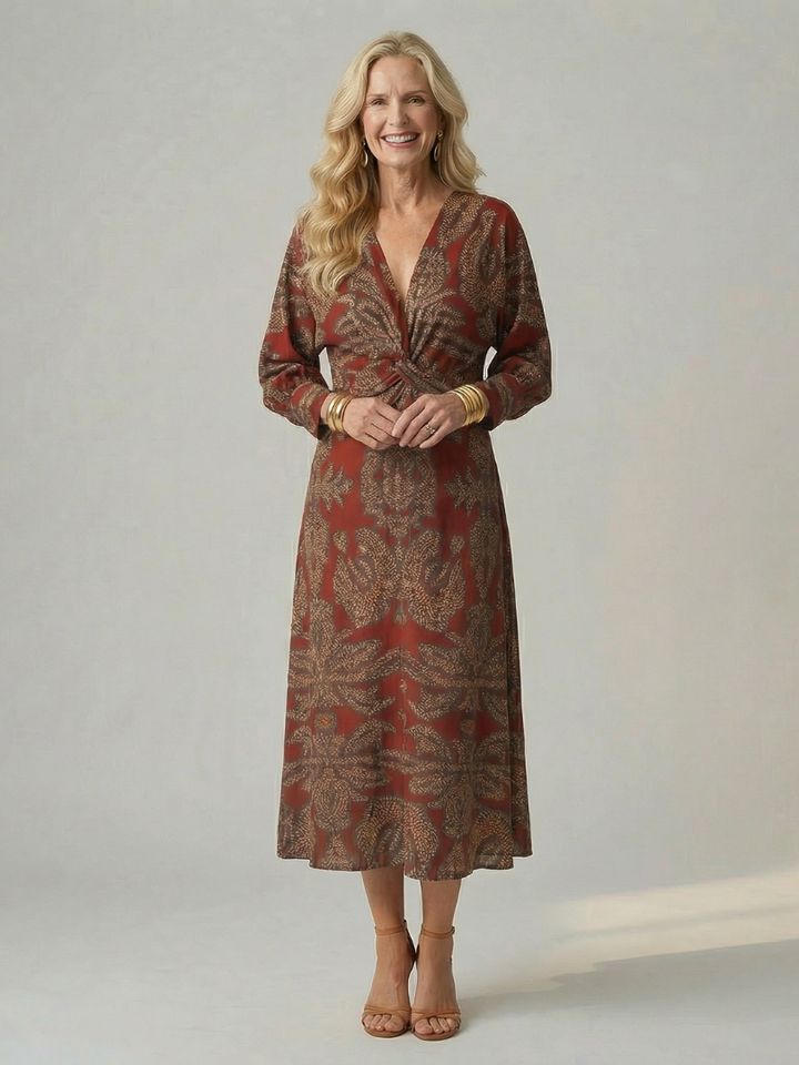 Lucy - Midi Dress with Long Sleeves and Natural Print