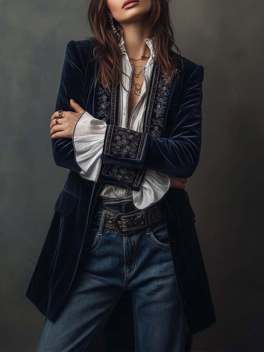 Paloma - Vintage Velvet Longline Jacket with Floral Embroidery