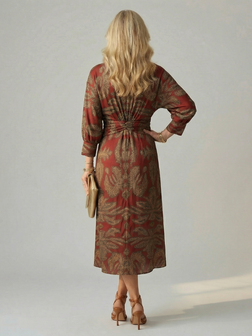Lucy - Midi Dress with Long Sleeves and Natural Print