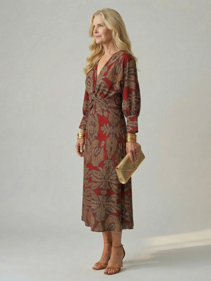 Lucy - Midi Dress with Long Sleeves and Natural Print