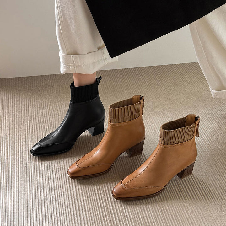 Cosima - Genuine Leather Square Toe Ankle Boots