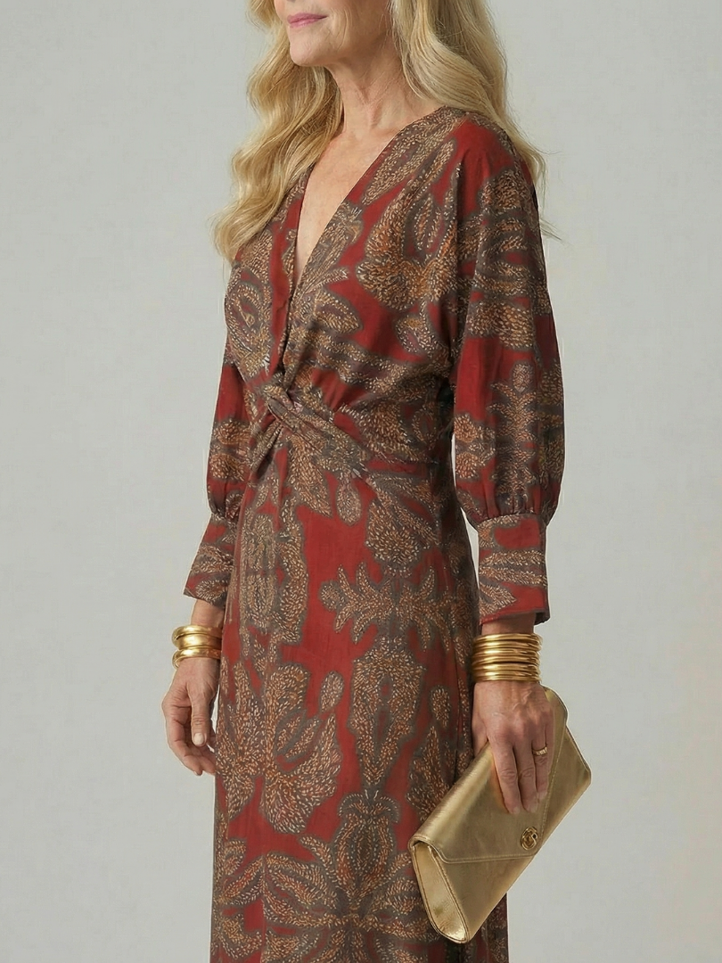 Lucy - Midi Dress with Long Sleeves and Natural Print