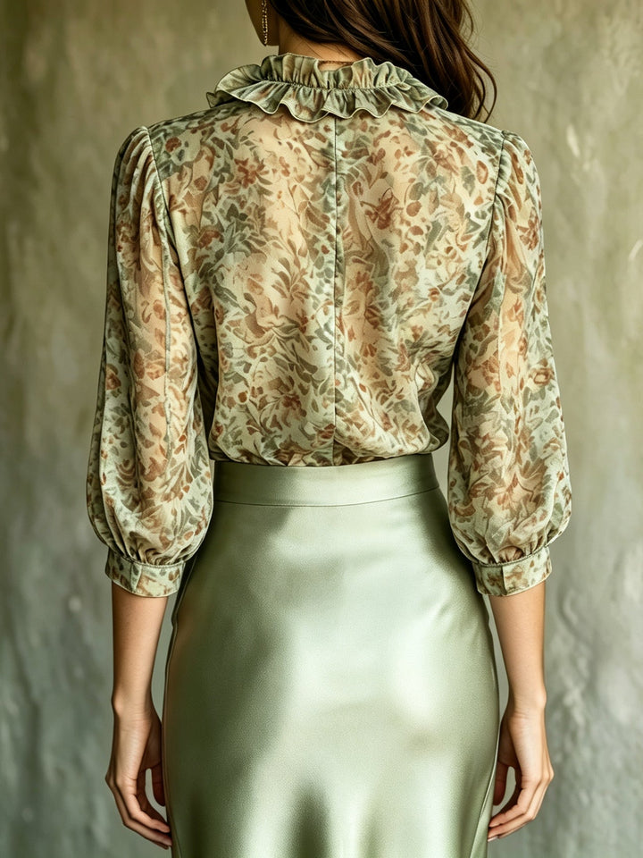Romilly - Green Floral Blouse and Satin Mini Skirt Matching Set