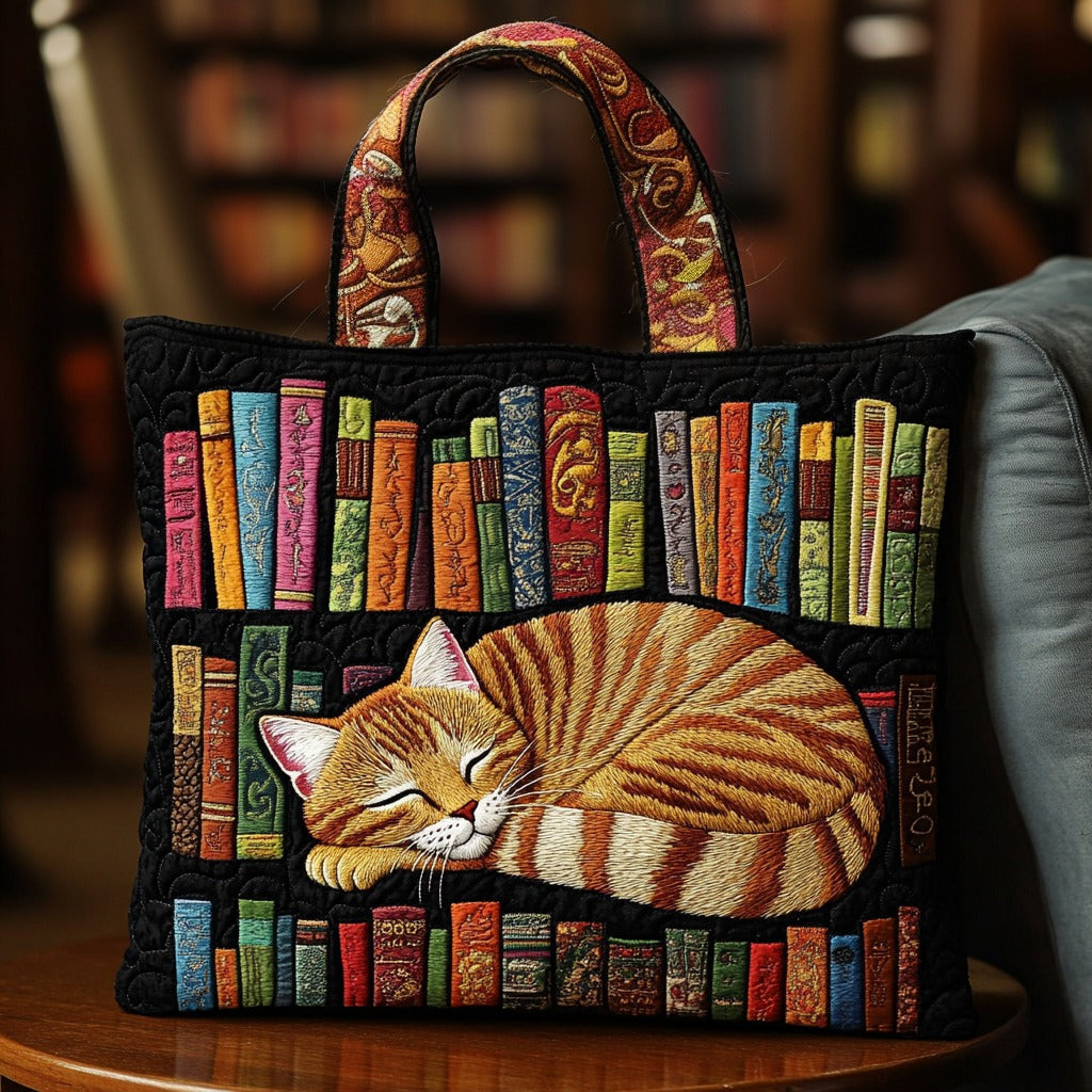 Bolsa Tote Acolchada con Gato Durmiendo y Libros