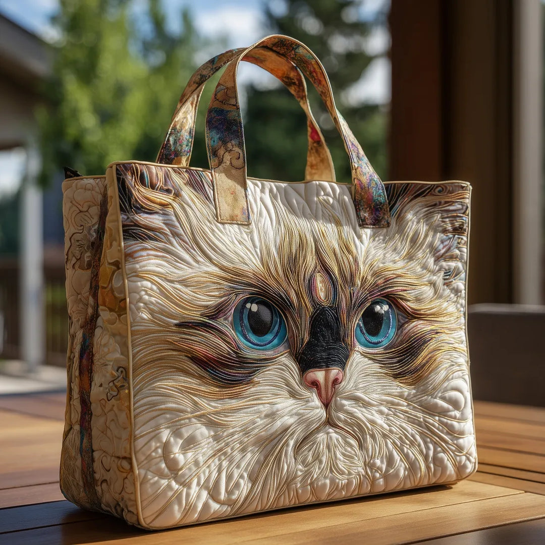 Bolsa Tote Acolchada - Gato Blanco con Ojos Azules
