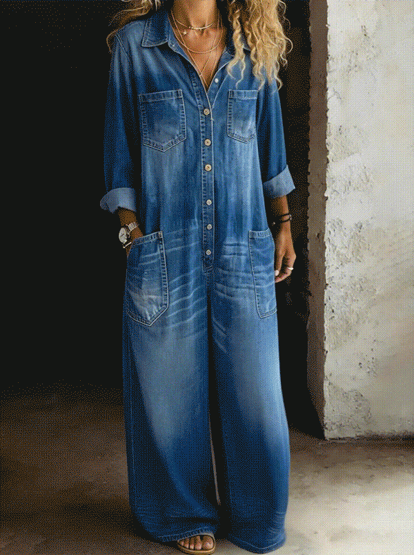 Alfreda - Long Belted Denim Jumpsuit