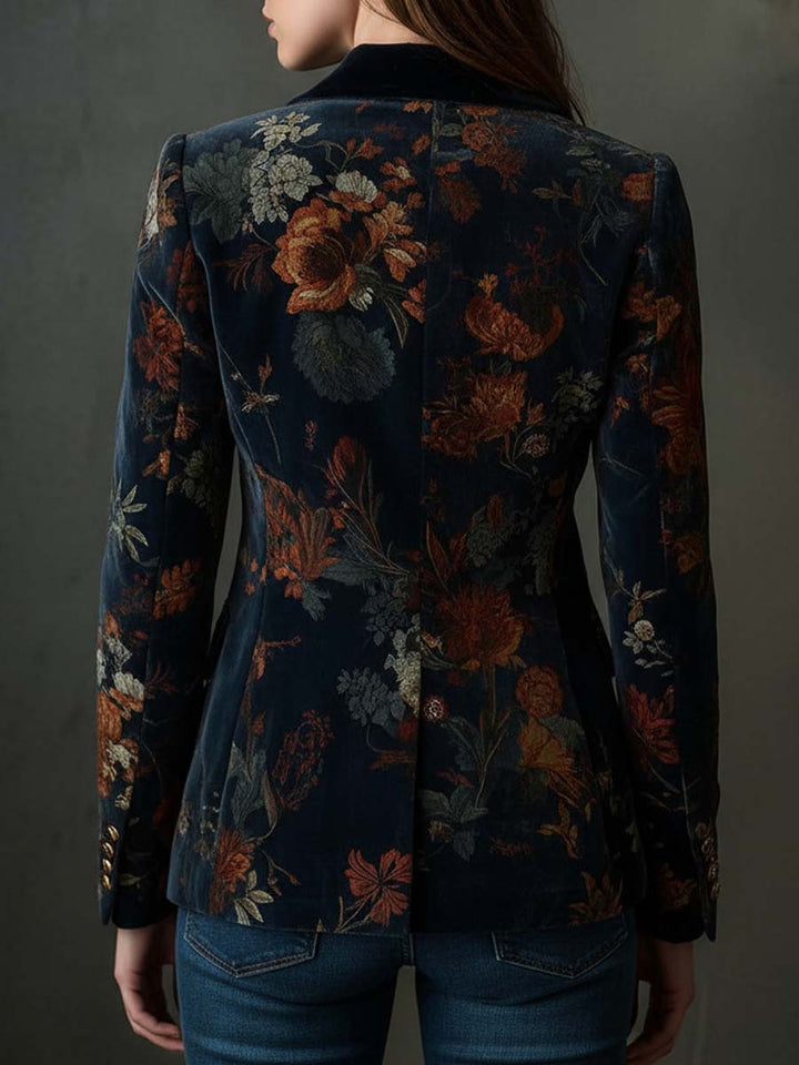 Faye - Retro Floral Velvet Blazer with Metallic Buttons