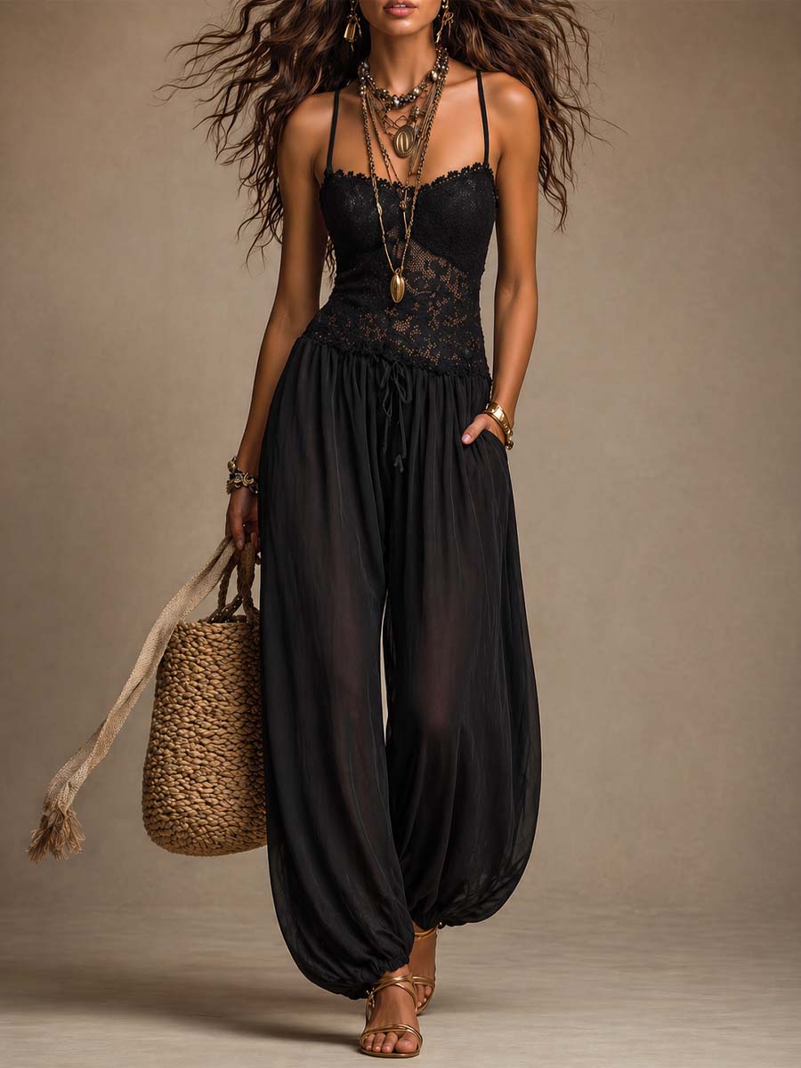 Casandra - Black Lace Halter Jumpsuit