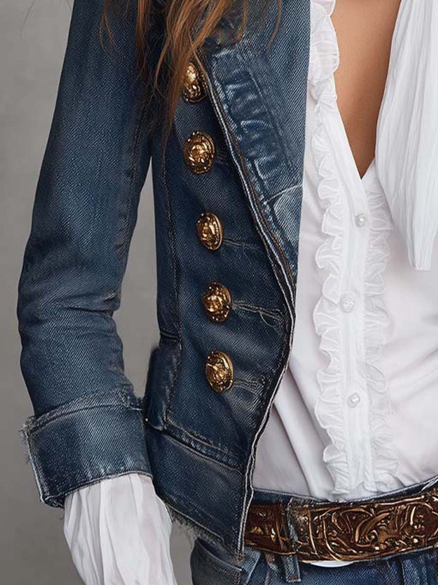 Una - Western-Inspired Vintage Frayed Denim Cropped Jacket with Gold Buttons