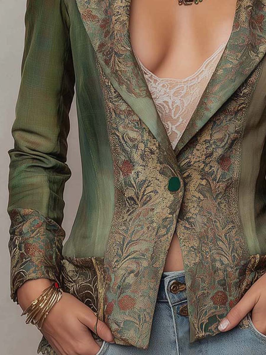 Yvette - Fitted Olive Blazer with Vintage Floral Tapestry Lapels and Cuffs