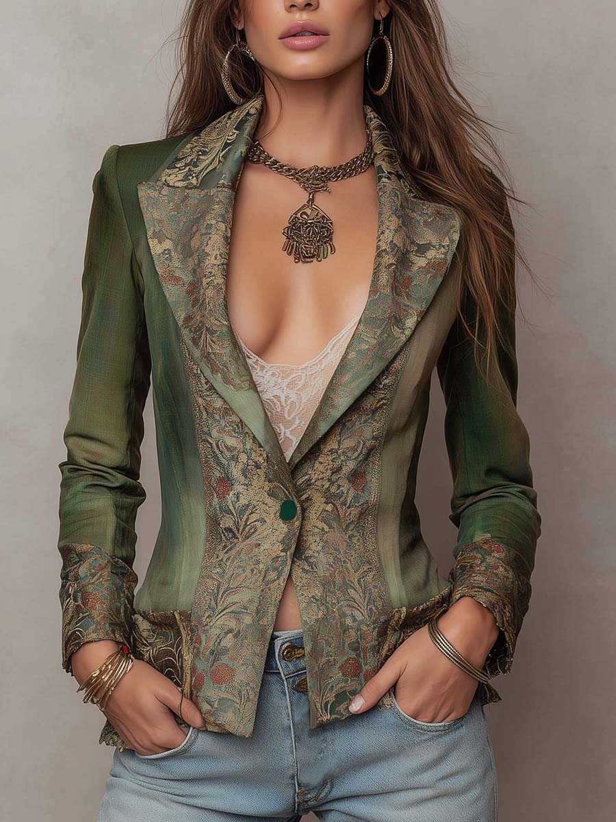 Yvette - Fitted Olive Blazer with Vintage Floral Tapestry Lapels and Cuffs