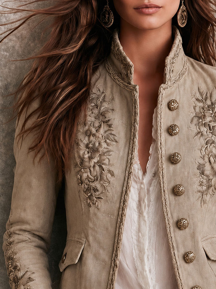 Eloise - Retro Beige Jacket with Stand Collar and Floral Embroidery