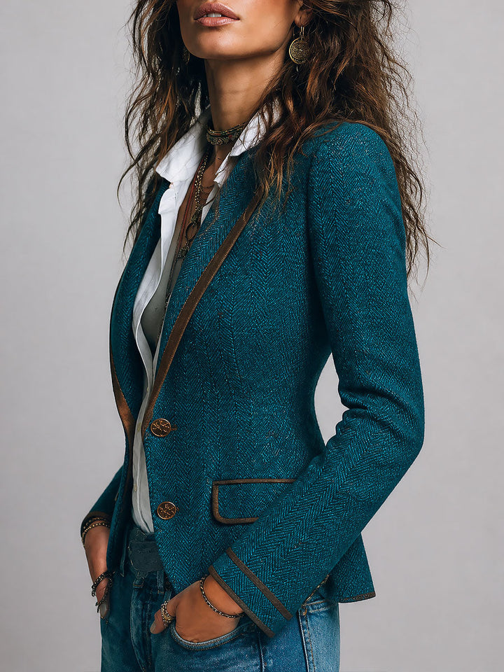 Dara - Retro Herringbone Blazer with Contrast Details