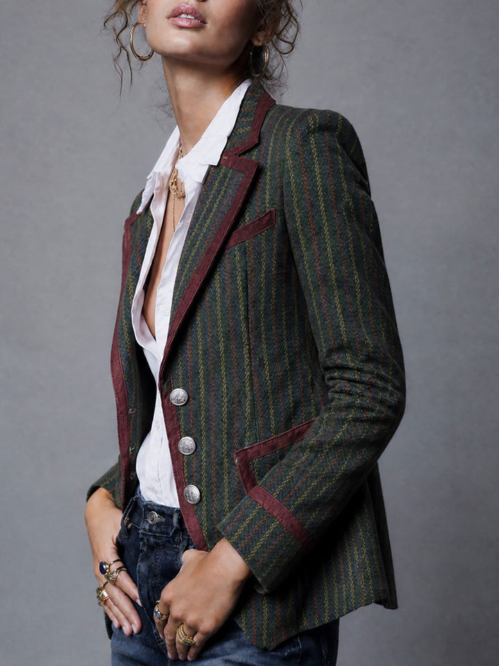 Rhea - Retro Pinstripe Wool Blazer with Contrast Trim