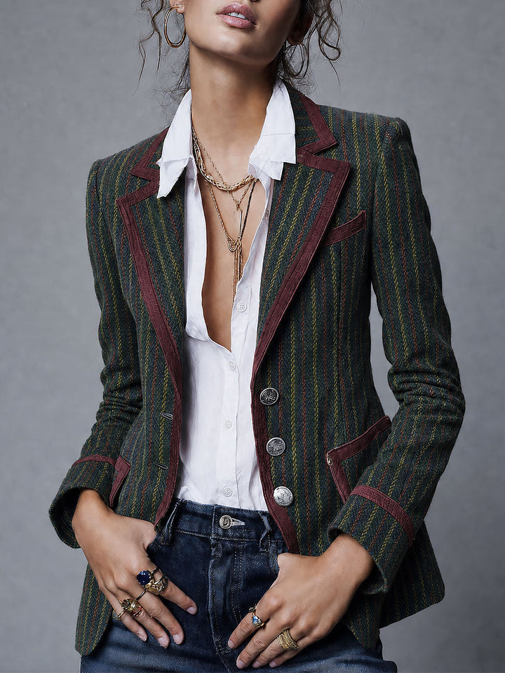 Rhea - Retro Pinstripe Wool Blazer with Contrast Trim