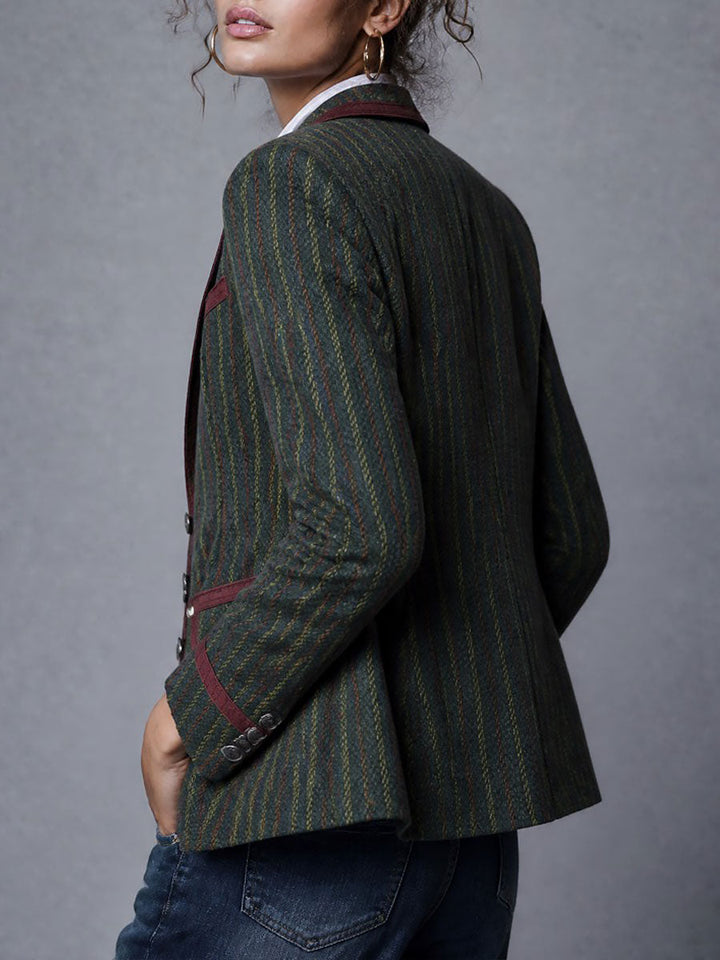 Rhea - Retro Pinstripe Wool Blazer with Contrast Trim
