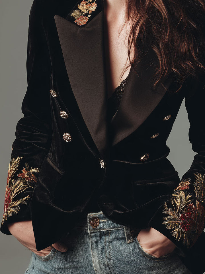 Mabel - Quiet Luxury Slim Velvet Blazer with Floral Embroidery and Satin Lapels