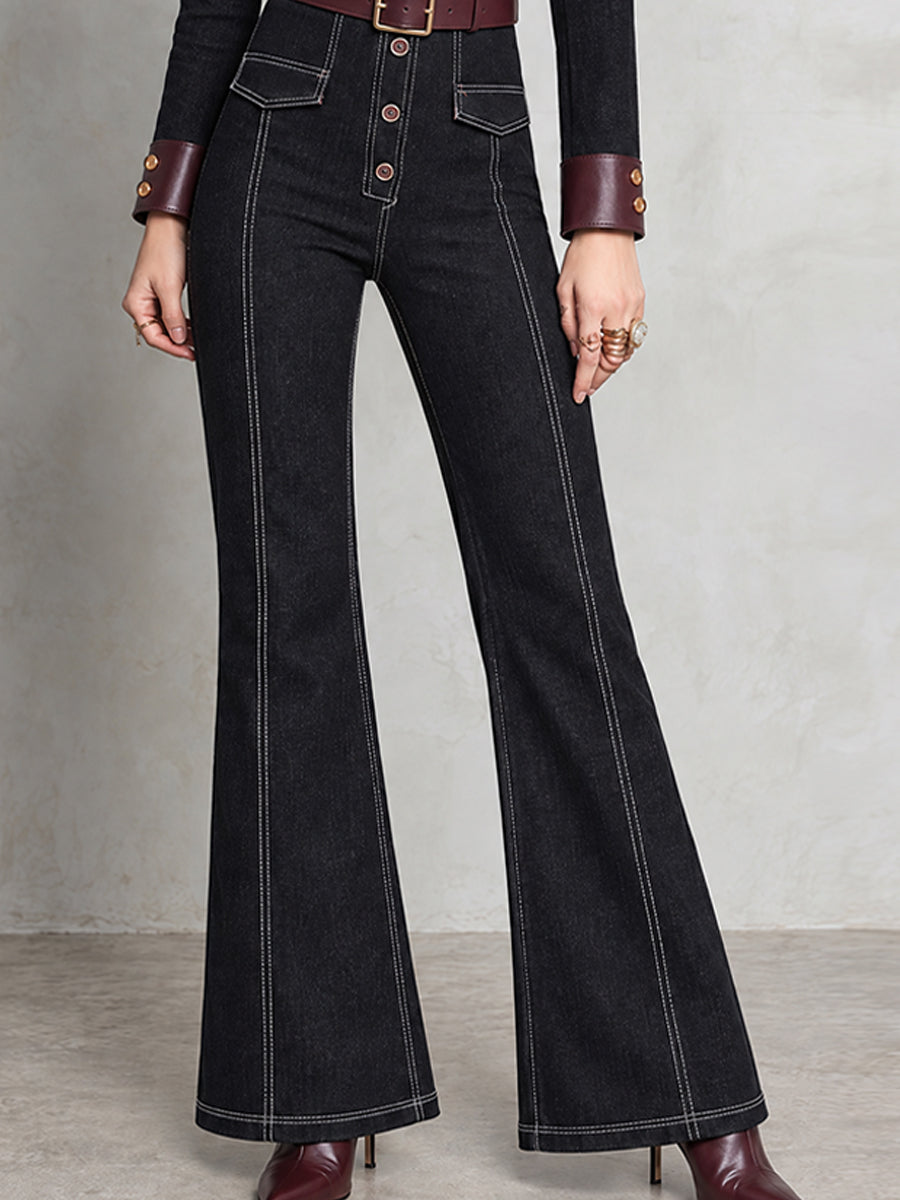 Fiona - Black Denim Wide-Leg Jumpsuit with Leather Details