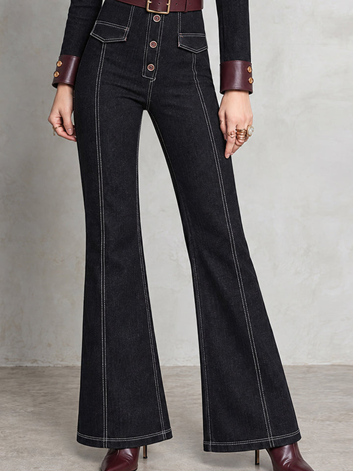 Fiona - Black Denim Wide-Leg Jumpsuit with Leather Details