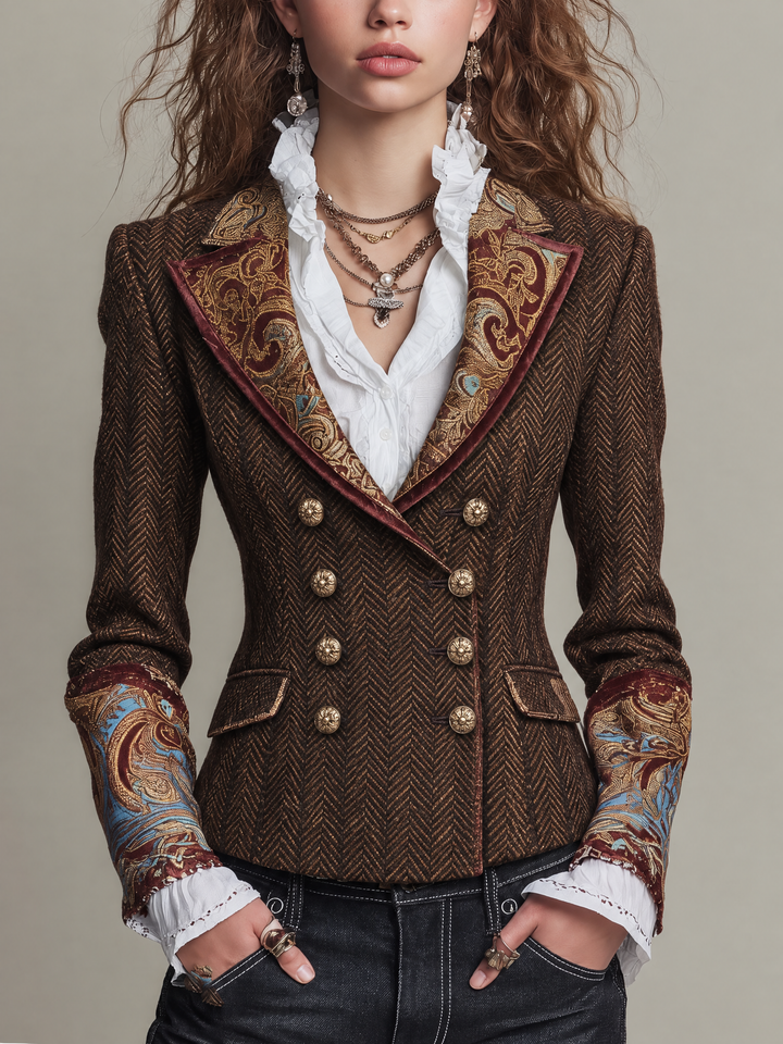 Nell - Vintage Baroque Print Herringbone Tweed Double-Breasted Blazer