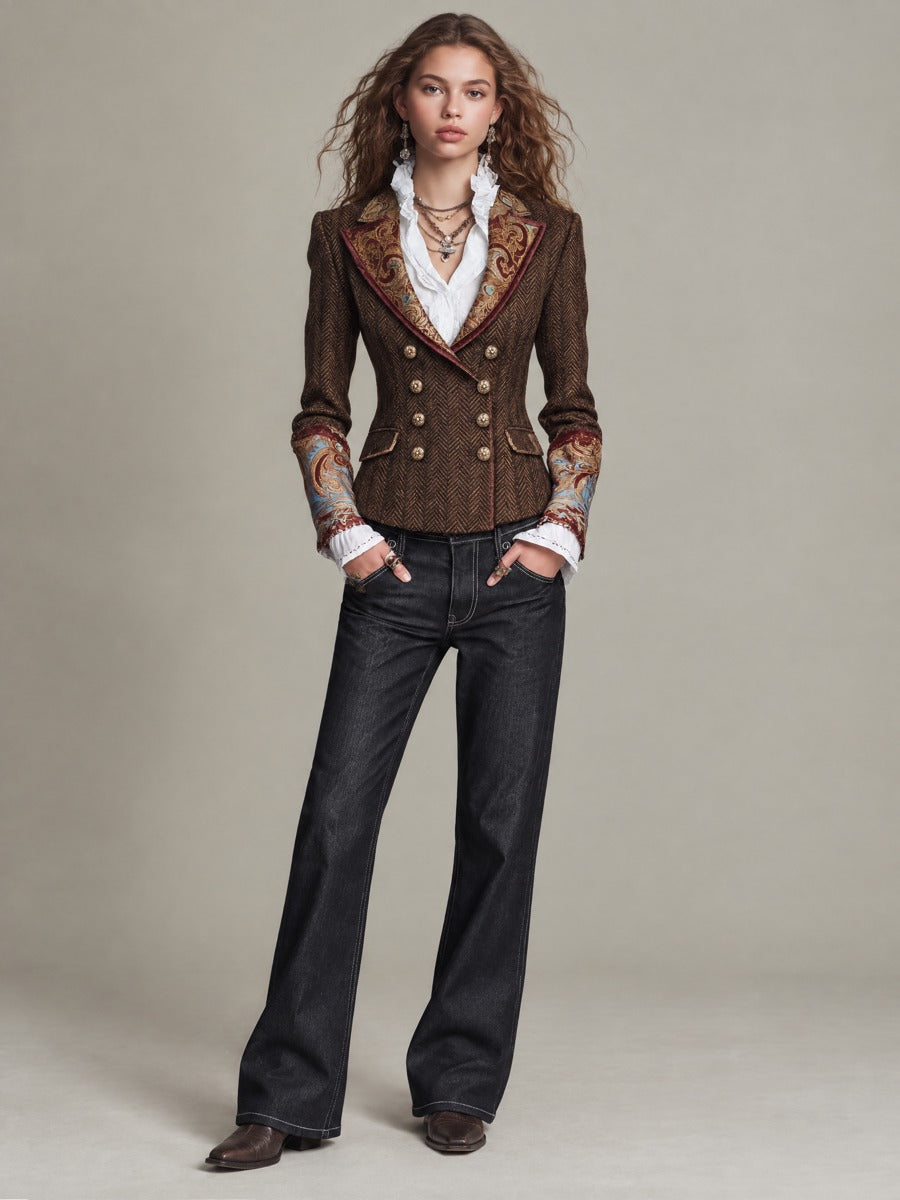 Nell - Vintage Baroque Print Herringbone Tweed Double-Breasted Blazer
