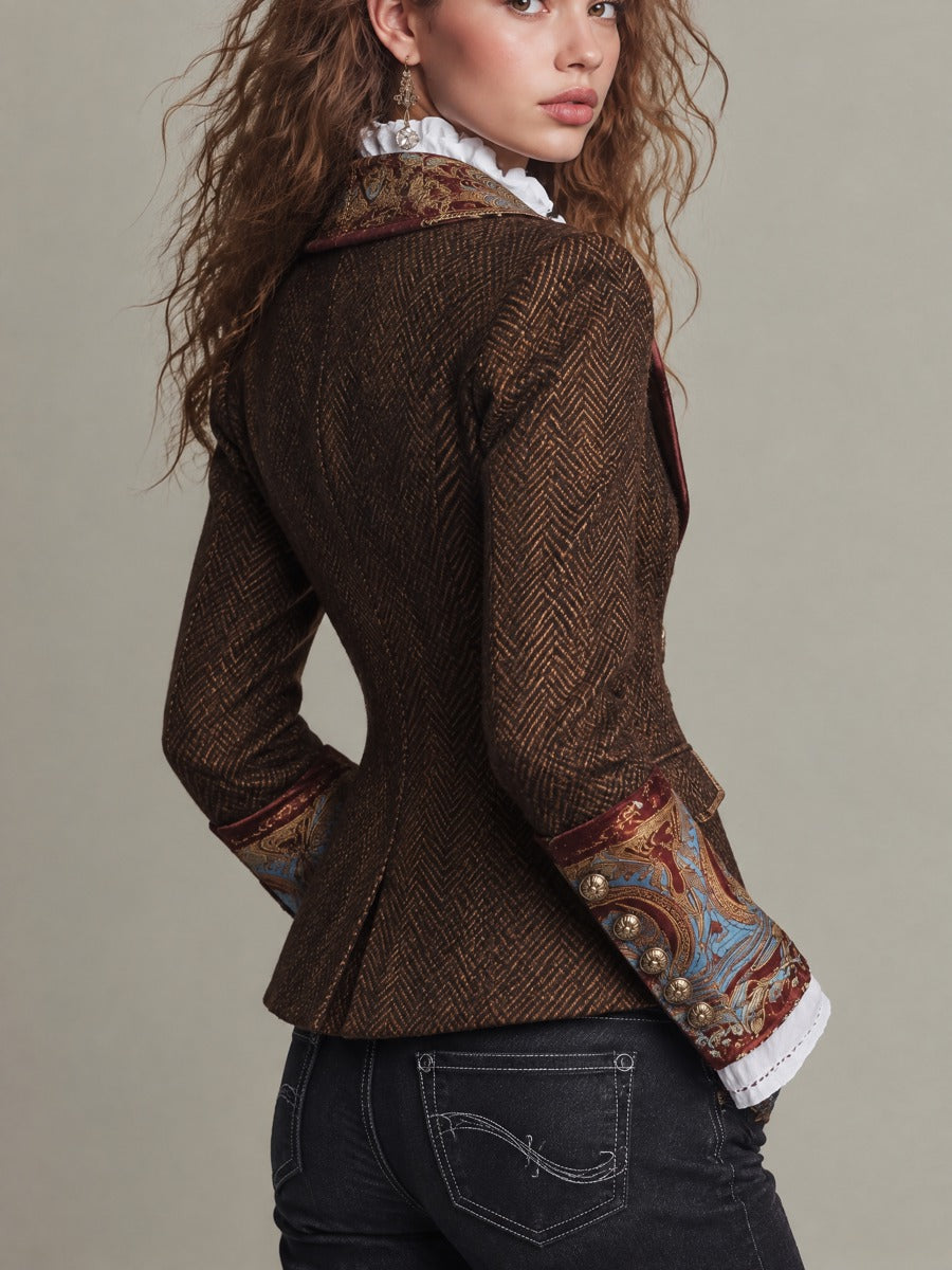 Nell - Vintage Baroque Print Herringbone Tweed Double-Breasted Blazer