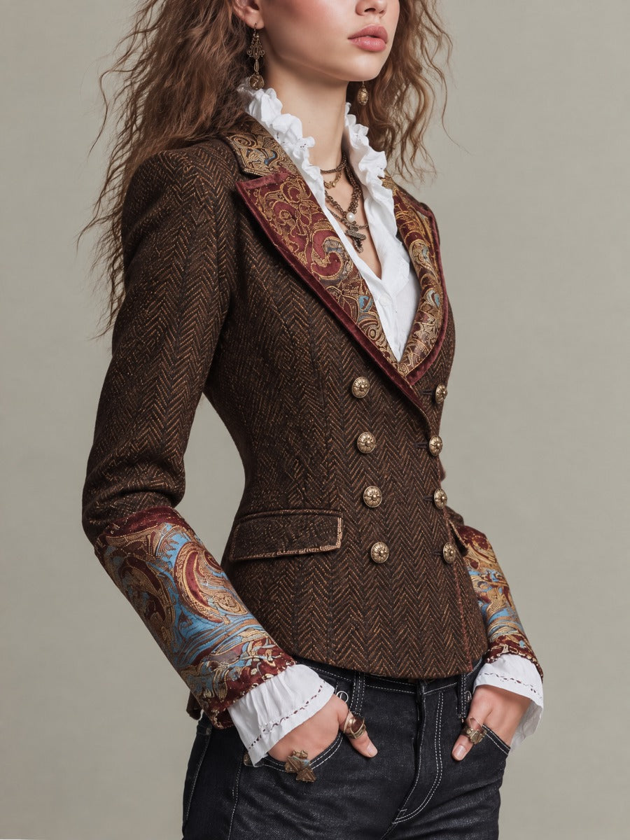 Nell - Vintage Baroque Print Herringbone Tweed Double-Breasted Blazer