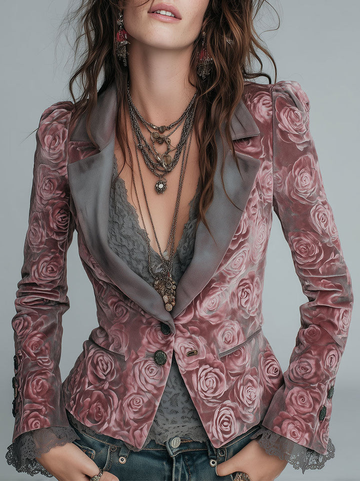 Lydia - Pink Floral Velvet Slim-Fit Blazer