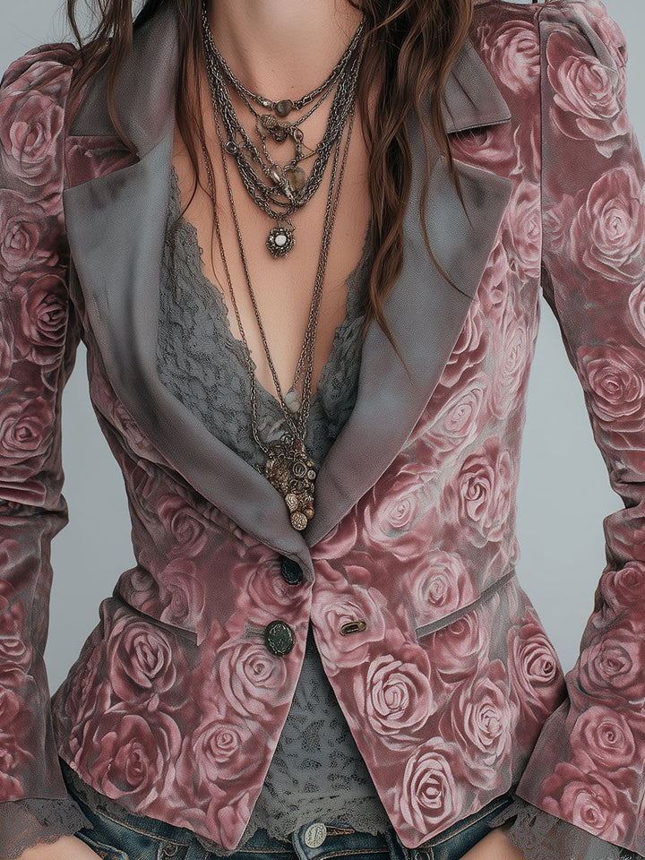 Lydia - Pink Floral Velvet Slim-Fit Blazer