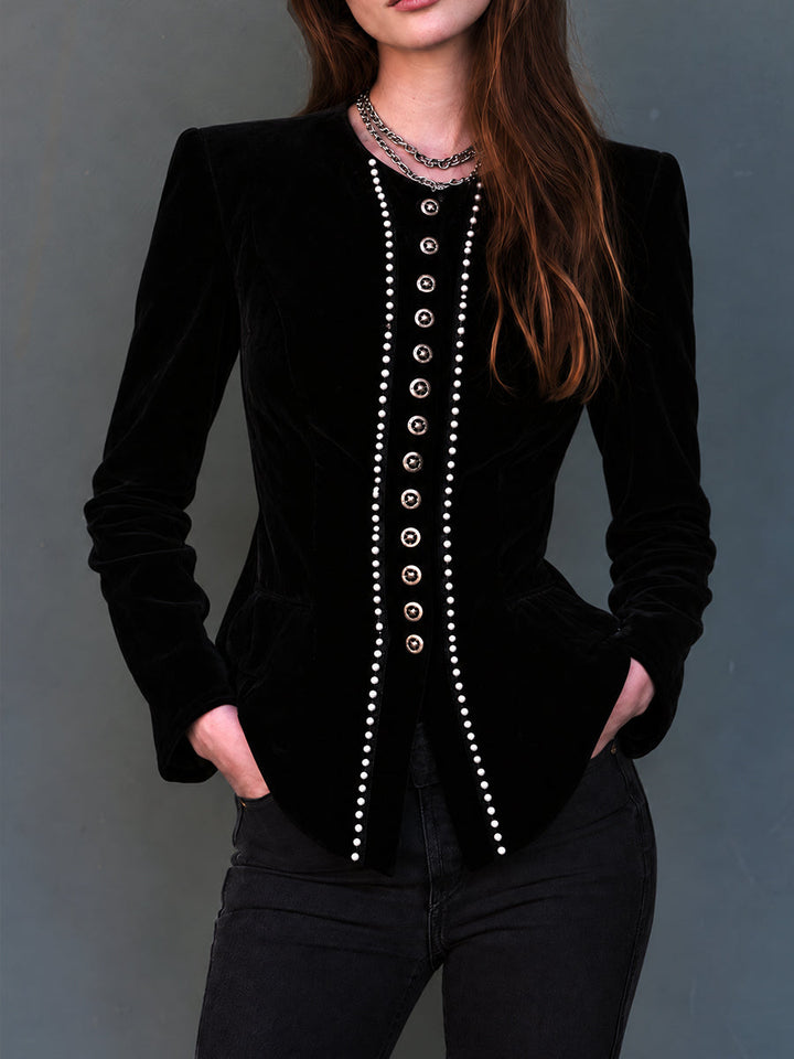 Elodie - Midnight Velvet Blazer with Pearl Trim