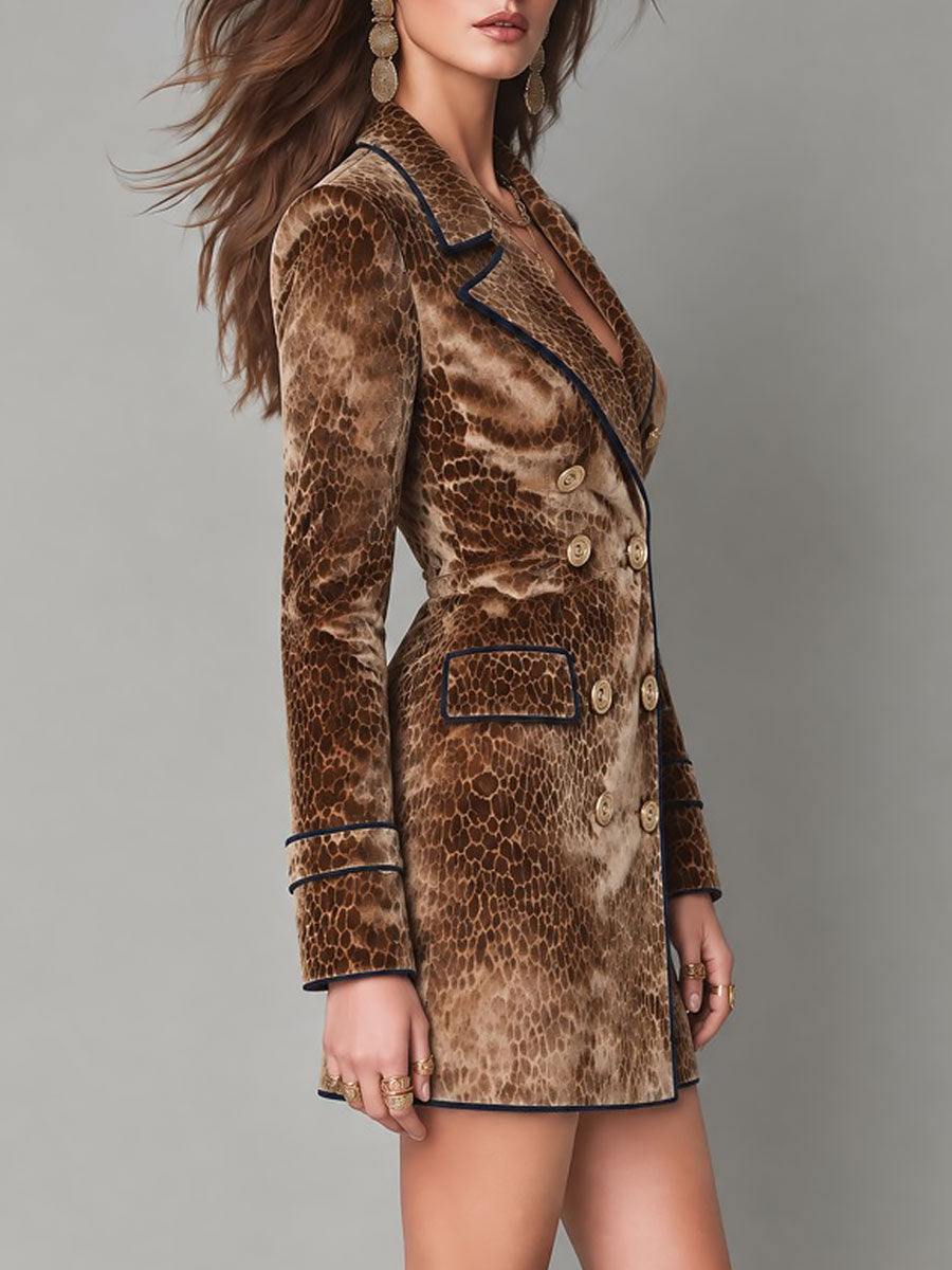 Joni - Quiet Luxury Leopard Print Double-Breasted Blazer with Contrast Trim
